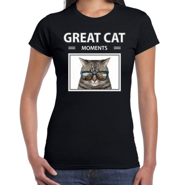 Grijze kat foto t-shirt zwart voor dames - great cat moments cadeau shirt katten liefhebber