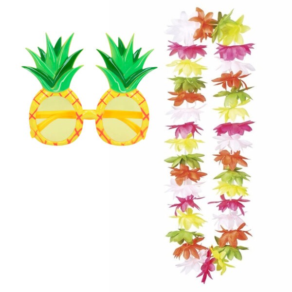 Tropische Hawaii party verkleed accessoires set - Ananas zonnebril - bloemenkrans multi kleuren