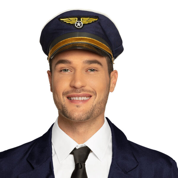 Boland Carnaval verkleed Piloten hoedje - blauw/goud - volwassenen