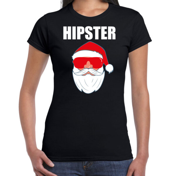 Zwart Kerstshirt / Kerstkleding Hipster voor dames met Kerstman met zonnebril