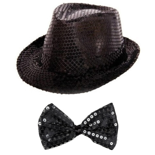 Carnaval verkleed set glitter hoed en strikje zwart