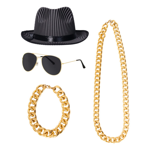Carnaval verkleed Pooier/Pimp/Gangster set - 4 delig - volwassenen - hoed - zonnebril - sieraden