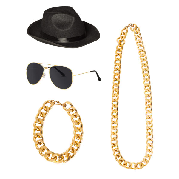 Carnaval verkleed Pooier/Pimp/Gangster 4 delige set - volwassenen - hoed - zonnebril - sieraden
