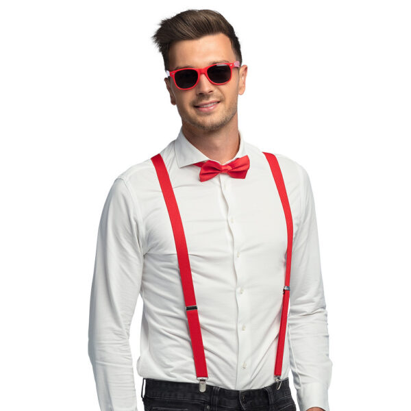 Boland party Carnaval verkleed set - bretels/party bril/vlinderstrikje - rood - volwassenen