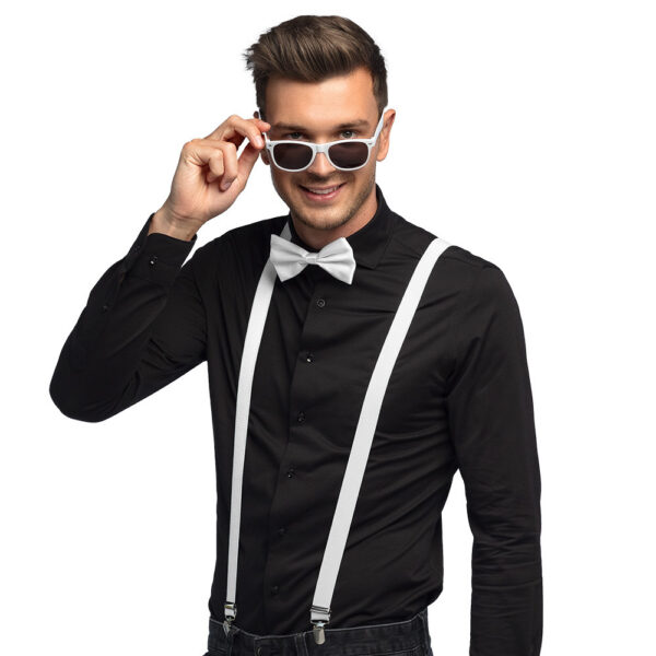 Boland party Carnaval verkleed set - bretels/party bril/vlinderstrikje - wit - volwassenen