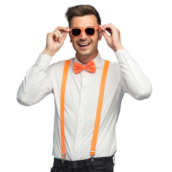 Boland party Carnaval verkleed set - bretels/party bril/vlinderstrikje - neon oranje - volwassenen