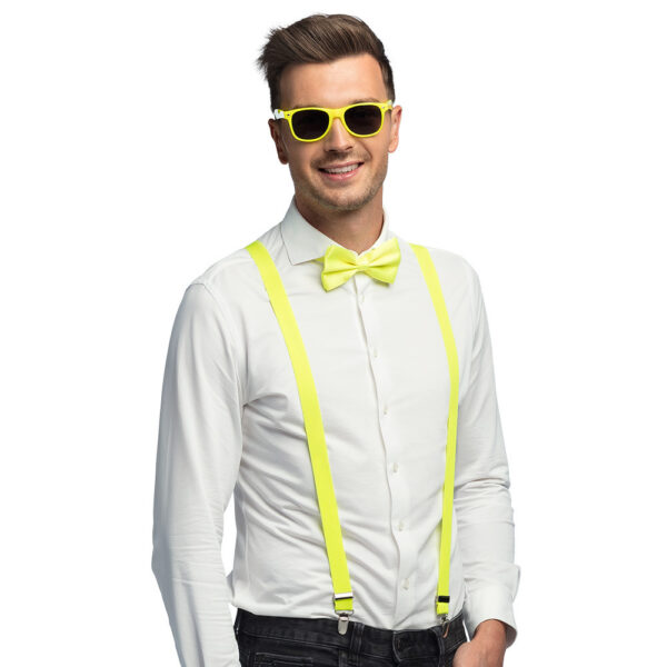 Boland party Carnaval verkleed set - bretels/party bril/vlinderstrikje - neon geel - volwassenen