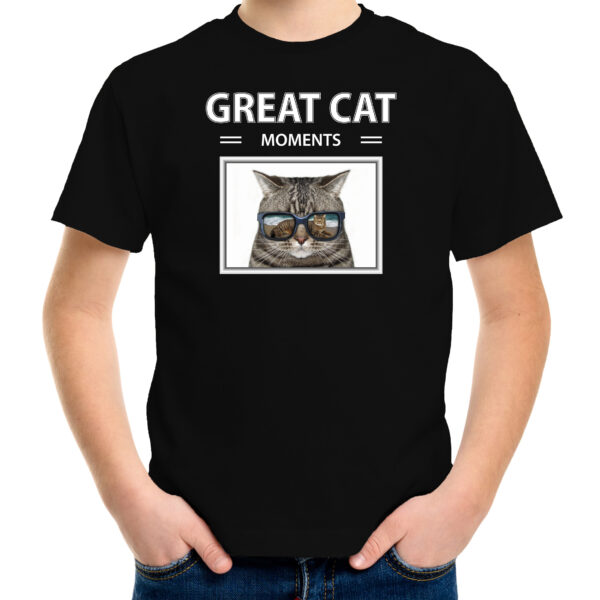 Grijze kat foto t-shirt zwart voor kinderen - great cat moments cadeau shirt katten liefhebber
