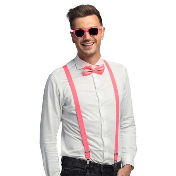 Boland party Carnaval verkleed set - bretels/party bril/vlinderstrikje - neon roze - volwassenen