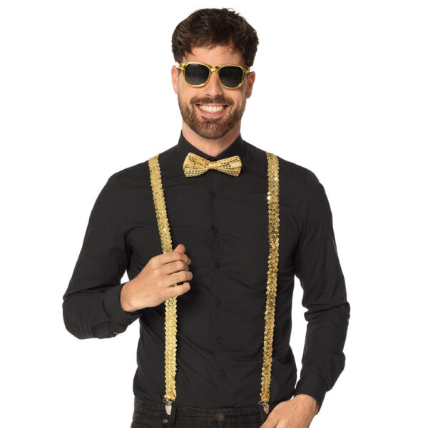 Party Carnaval verkleed set - bretels/party bril/vlinderstrikje - goud