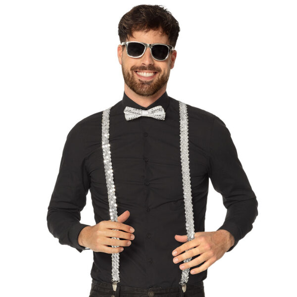 Boland party verkleedset - bretels/party bril/strikje - glitter zilver