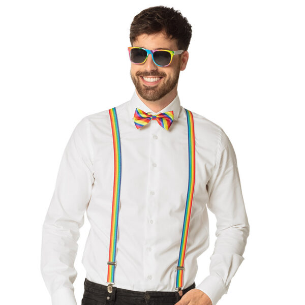Boland party Carnaval verkleed set - bretels/party bril/vlinderstrikje - regenboog pride - volwassenen