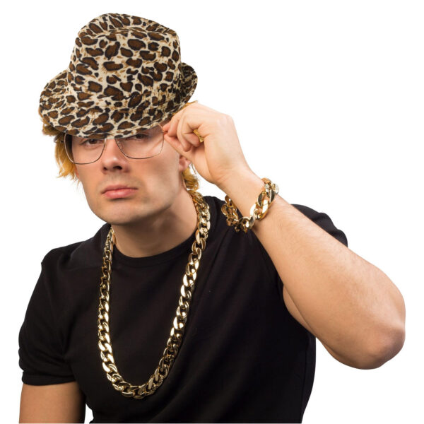 Foute party/Pimp verkleedset - 3 delig - panter hoed - ketting/armband