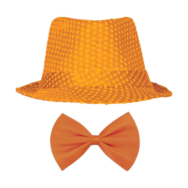 Carnaval verkleed set compleet - hoedje en vlinderstrikje - oranje - heren/dames - glimmend
