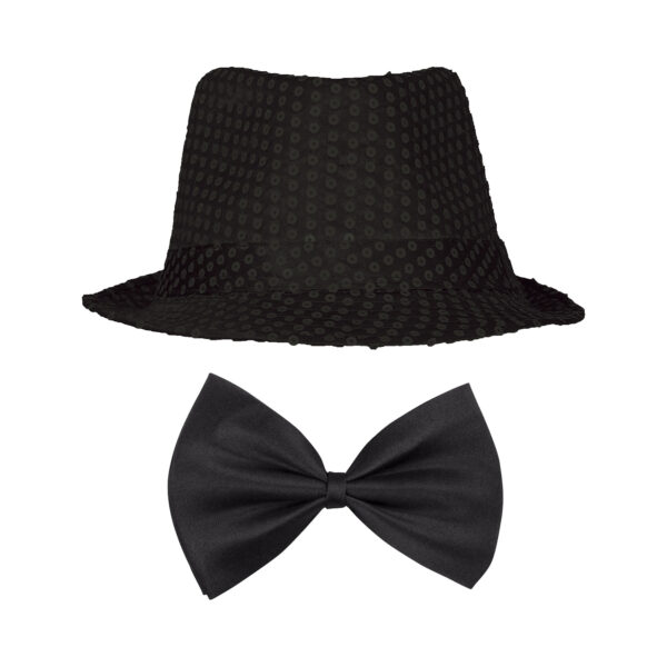 Carnaval verkleed set compleet - hoedje en vlinderstrikje - zwart - heren/dames - glimmend