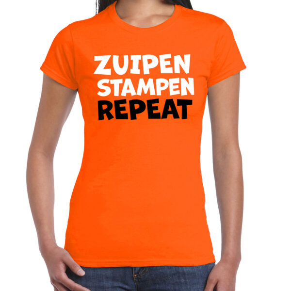 BD Koningsdag t-shirt - zuipen stampen repeat - oranje - dames
