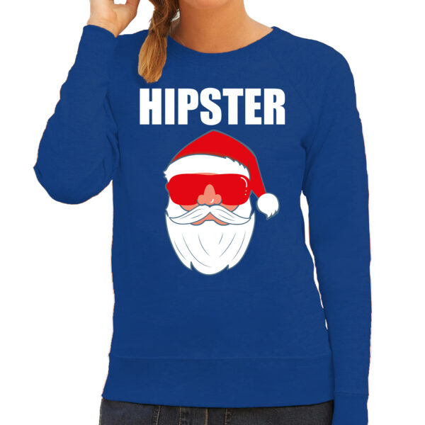 Blauwe Kersttrui / Kerstkleding Hipster voor dames met Kerstman met zonnebril