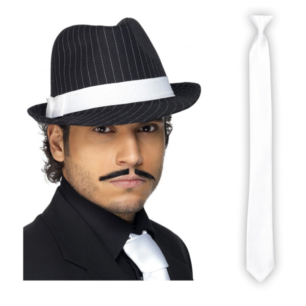 Carnaval verkleed set compleet - gangster/maffia hoedje met stropdas - zwart/wit - volwassenen