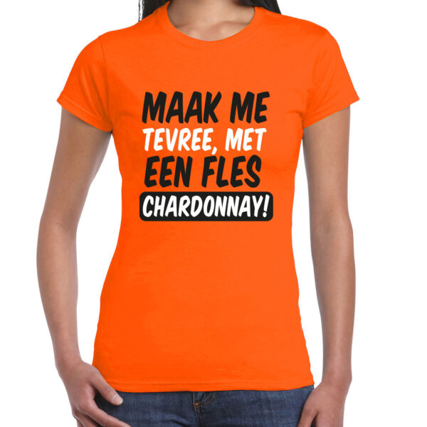 Koningsdag verkleed t-shirt dames - tevree met een fles Chardonnay - oranje