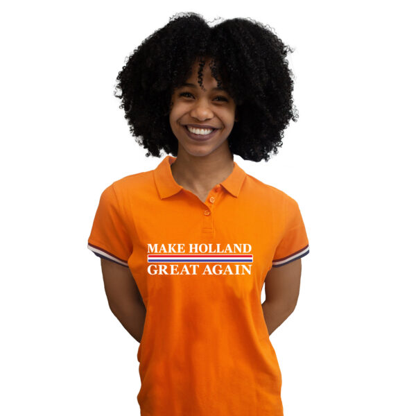 Koningsdag verkleed polo - make Holland great again - oranje - dames