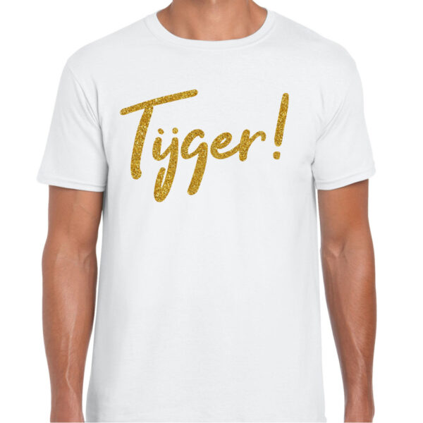 Verkleed T-shirt heren - Tijger! -? wit - glitter goud - themafeest fout/goud/stout