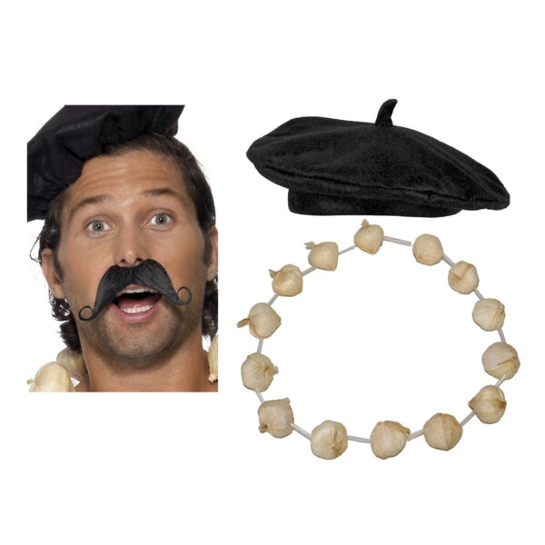 Carnaval verkleed set compleet - Fransman baret met plaksnor - en knoflook ketting - volwassenen
