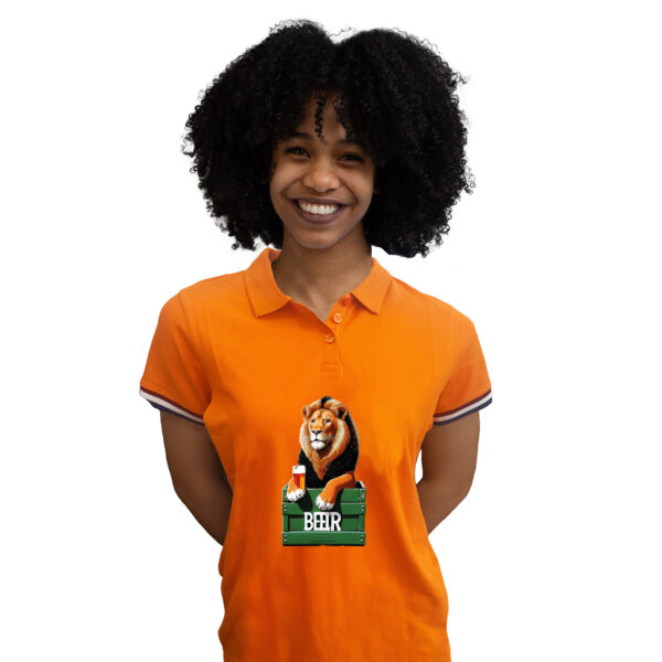 Koningsdag verkleed polo - leeuw met bier - oranje - dames