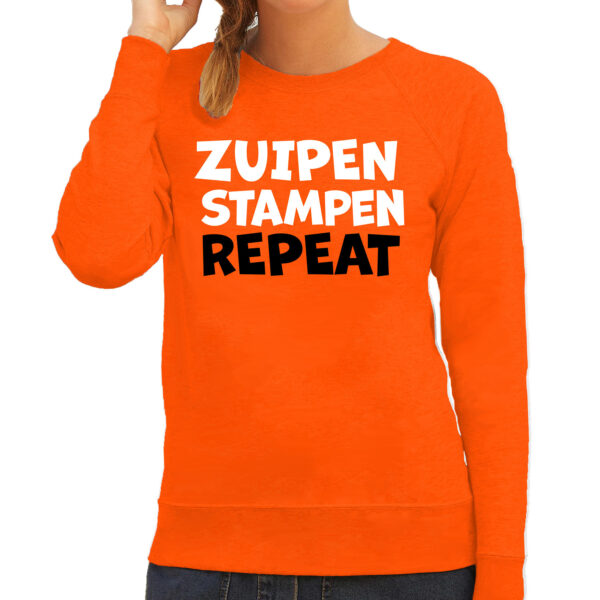 Koningsdag verkleed sweater - zuipen stampen repeat - oranje - dames