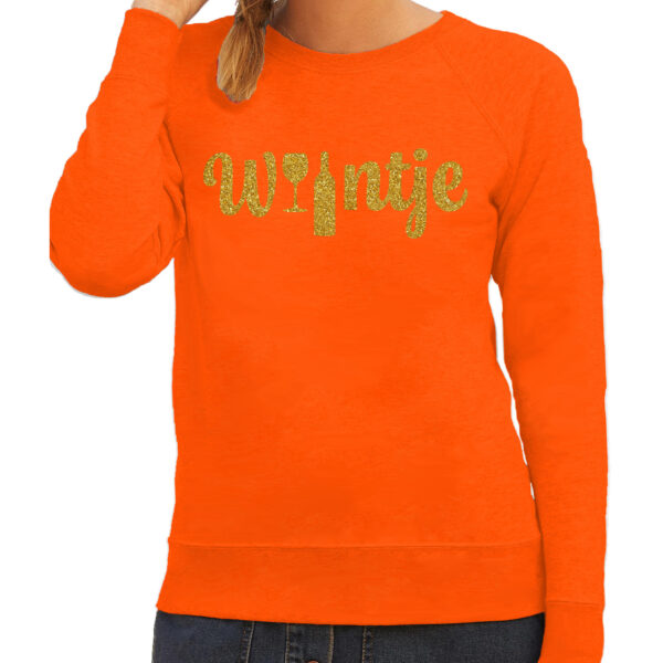 Koningsdag verkleed sweater dames - Wijntje - met glas en fles - glitter goud - oranje