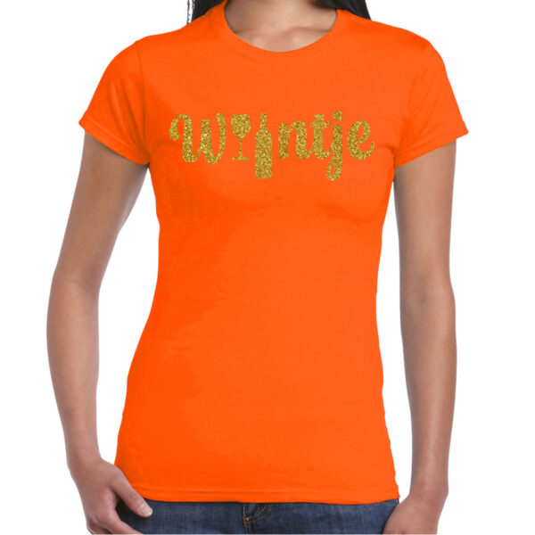 Koningsdag verkleed t-shirt dames - wijntje - met fles en glas - glitter goud - oranje