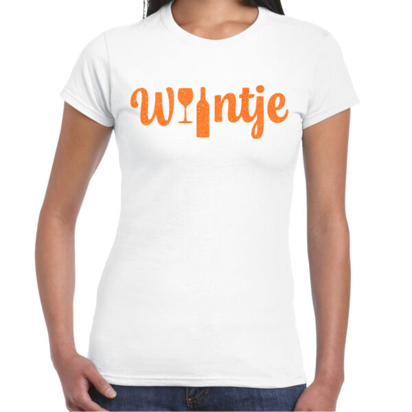 Koningsdag verkleed t-shirt dames - wijntje - met fles en glas - glitter oranje - wit