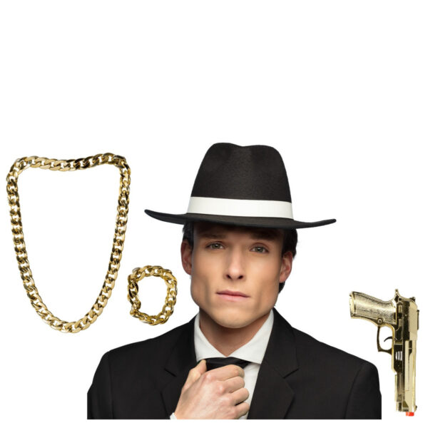 Maffia/gangster verkleedset - 4 delig - zwarte hoed - ketting/armband