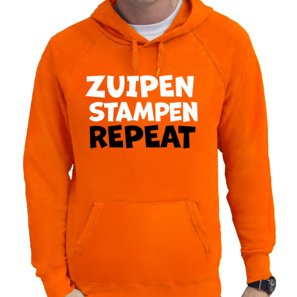 Koningsdag verkleed hoodie heren - zuipen stampen repeat - oranje