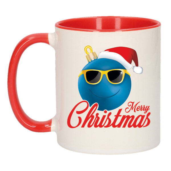 Merry Christmas kerstcadeau kerstmok rood kerstbal blauw met kerstmuts 300 ml