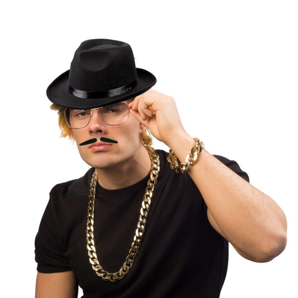Maffia/gangster verkleed set - 4 delig - heren - zwarte hoed - ketting/armband goud - snorretje