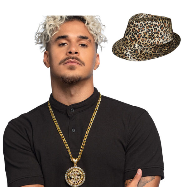 Pimp/pooier foute party verkleedset - 2 delig - panter hoed - ketting