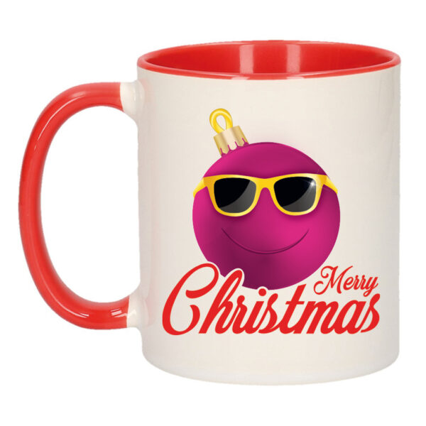 Kerstcadeau mok / beker rood Merry Christmas roze Smile kerstbal 300 ml