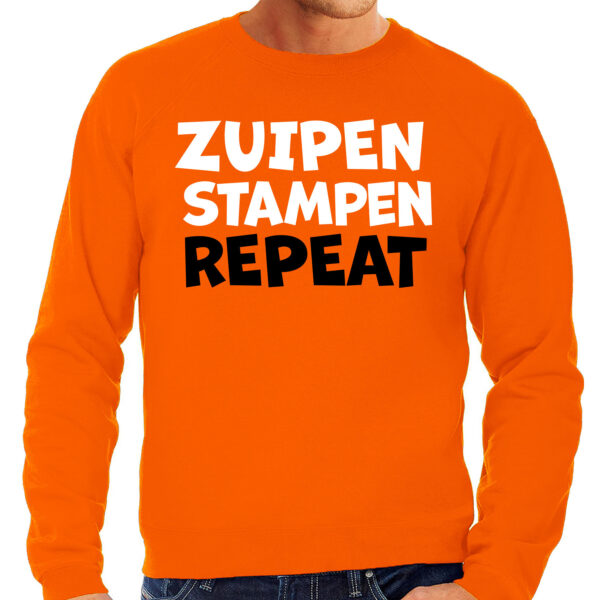 BD Koningsdag verkleed sweater heren - zuipen stampen repeat - oranje