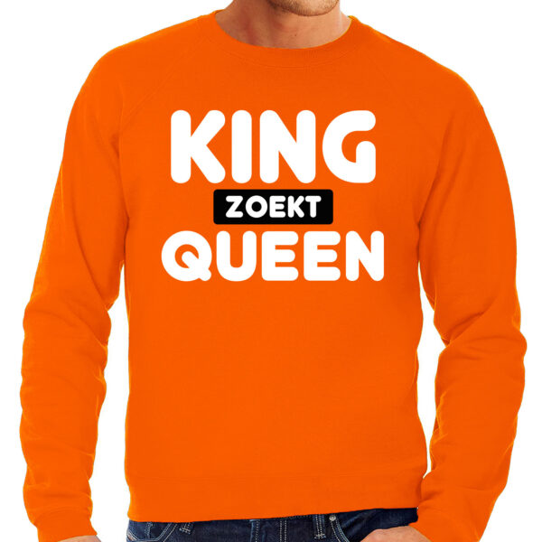 Koningsdag verkleed sweater heren - King zoekt Queen - oranje