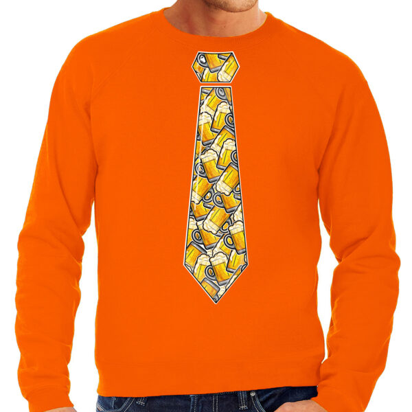 Koningsdag verkleed sweater heren - stropdas met bierglazen - oranje
