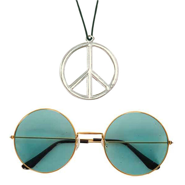 Hippie Flower Power Sixties verkleed set ketting met groene party bril