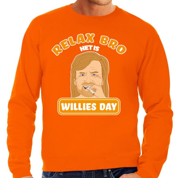 BD Koningsdag sweater heren - relax bro het is Willies day - oranje