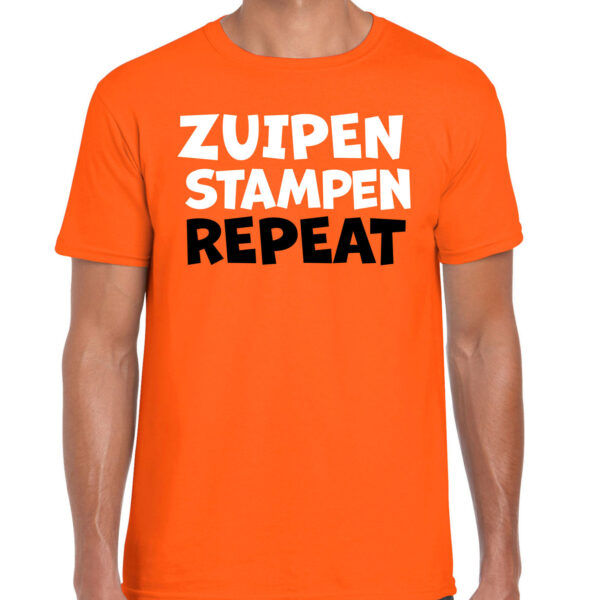 Koningsdag verkleed t-shirt heren - zuipen stampen repeat - oranje