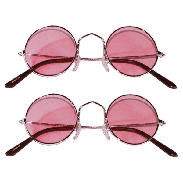 Party carnaval zonnebril - 2x - Hippie Flower Power Sixties - ronde glazen - roze