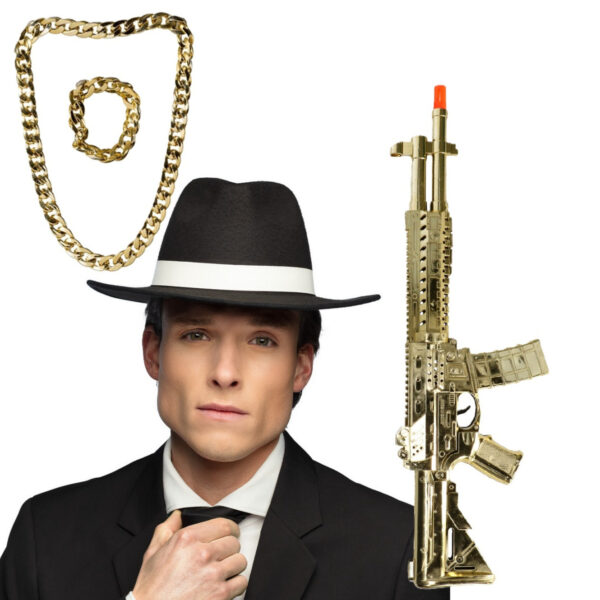 Maffia/gangster verkleedset - 4 delig - zwarte hoed - ketting/armband