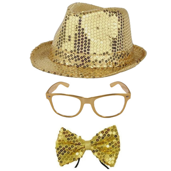 Folat Verkleedkleding set - hoed / strikje / bril - goud - glitters and glamour - volwassenen