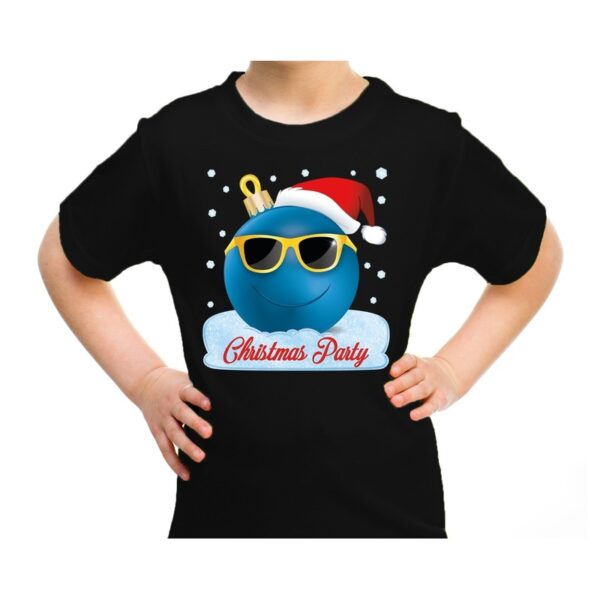 Zwart t-shirt / kerstkleding coole blauwe kerstbal christmas party voor kinderen