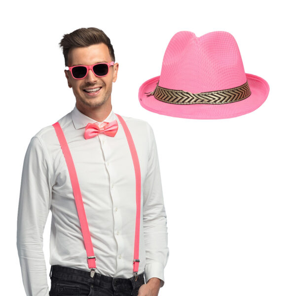 Carnaval verkleedset Funky - hoed/bretels/bril/strikje - roze - heren/dames - verkleedkleding