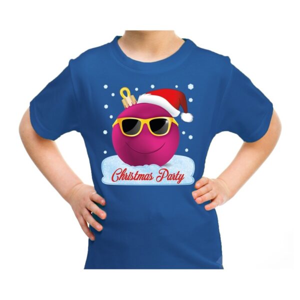 Blauw t-shirt / kerstkleding coole roze kerstbal christmas party voor kinderen