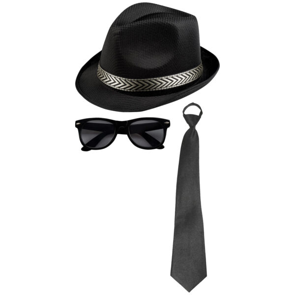 Carnaval verkleedset Men in black - hoed/zonnebril/stropdas - zwart - heren/dames - verkleedkleding